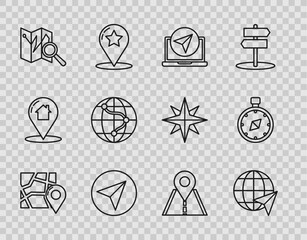 Poster - Set line Folded map with location marker, Location the globe, Infographic of city navigation, Paper airplane, Road traffic sign and Compass icon. Vector