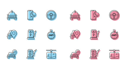 Poster - Set line Map pointer with taxi, Petrol or Gas station, Taxi car, Cable, Electric charging, Stopwatch 24 hours, and call telephone service icon. Vector