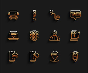 Poster - Set line Taxi call telephone service, Bus, Map pointer with taxi, Scooter, Traffic light, Electric car charging station and Location the globe icon. Vector