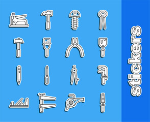 Poster - Set line Chisel tool for wood, Clamp, Putty knife, Metallic screw, Paint brush, Hammer, Construction stapler and Pliers icon. Vector