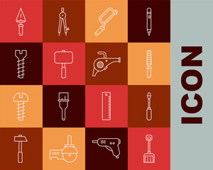 Poster - Set line Snow shovel, Screwdriver, Chisel tool for wood, Hacksaw, Sledgehammer, Metallic screw, Trowel and Leaf garden blower icon. Vector