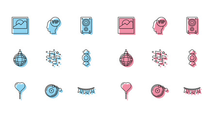 Poster - Set line Balloon in form of heart, Vinyl player with disk, Photo, Carnival garland flags, Music note, tone, Candy, Disco ball and Vip inside head icon. Vector