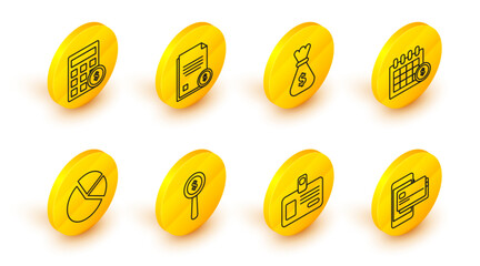 Poster - Set line Mobile phone and credit card, Identification badge, Magnifying glass dollar symbol, Pie chart infographic, Financial calendar, Money bag, Finance document and Calculator with icon. Vector