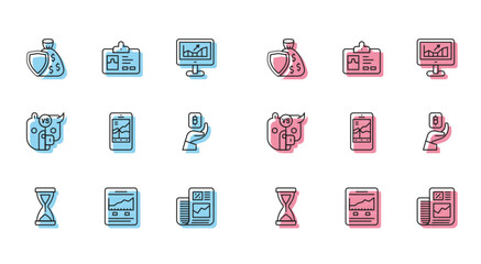 Poster - Set line Old hourglass, Website with growth graph, Shield and money bag, Business finance report, Mobile stock trading, Hand holding Bitcoin, Bull bear of market and Identification badge icon. Vector
