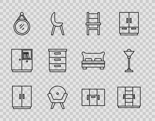 Poster - Set line Wardrobe, Chair, Armchair, Mirror, Furniture nightstand, and Floor lamp icon. Vector
