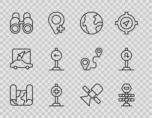 Poster - Set line Folded map, Road barrier, Earth globe, Location with cross hospital, Binoculars, Traffic sign turn left, Satellite and Turn back road icon. Vector