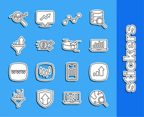 Aufkleber - Set line Search globe, Financial growth, Laptop with graph chart, Graph infographic, dollar, Sales funnel, data analysis and Pie icon. Vector