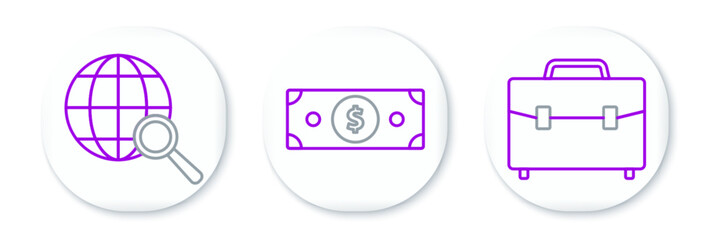 Fototapete - Set line Briefcase, Magnifying glass with globe and Stacks paper money cash icon. Vector