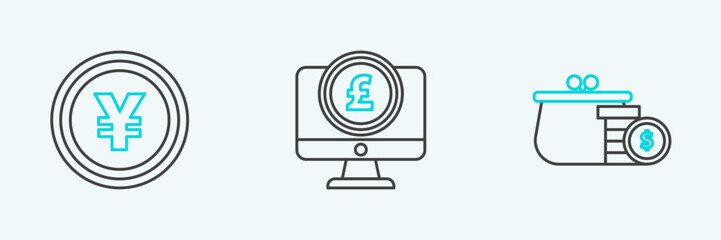 Aufkleber - Set line Wallet with coins, Coin money Yen symbol and Computer monitor pound sterling icon. Vector