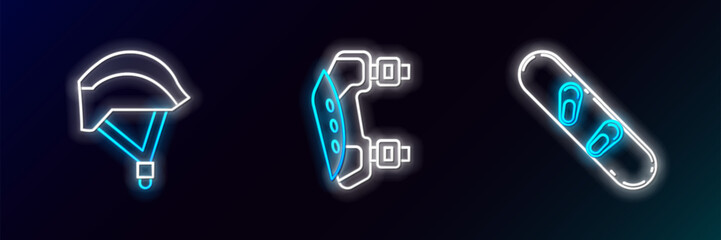 Poster - Set line Snowboard, Bicycle helmet and Knee pads icon. Glowing neon. Vector