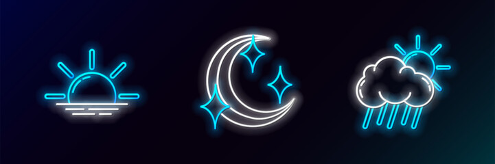 Poster - Set line Cloud with rain and sun, Sunrise and Moon stars icon. Glowing neon. Vector