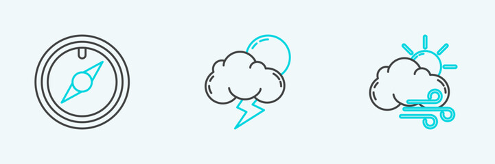 Poster - Set line Windy weather, rose and Storm icon. Vector