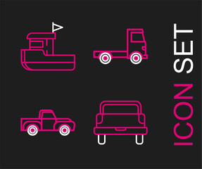 Poster - Set line Pickup truck, Delivery cargo vehicle and Fishing boat icon. Vector