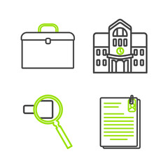 Fototapete - Set line File document and paper clip, Magnifying glass, School building and Briefcase icon. Vector