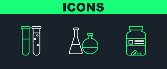 Poster - Set line Medicine bottle and pills, Test tube flask chemical laboratory and icon. Vector