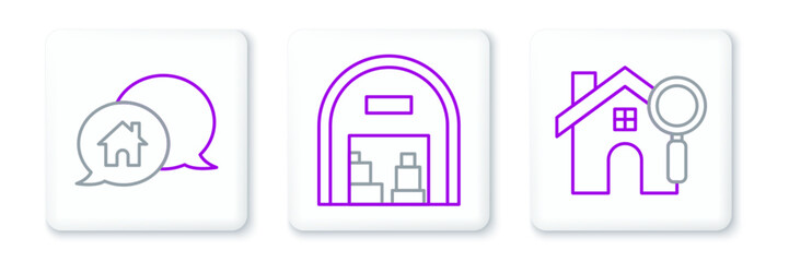 Aufkleber - Set line Search house, House building in speech bubble and Warehouse icon. Vector
