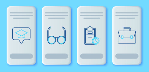 Fototapete - Set line Glasses, Exam sheet with clock, Graduation cap in speech bubble and Briefcase icon. Vector
