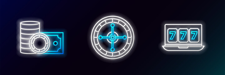 Aufkleber - Set line Online slot machine with lucky sevens jackpot, Casino chips and stacks money cash and roulette wheel icon. Glowing neon. Vector