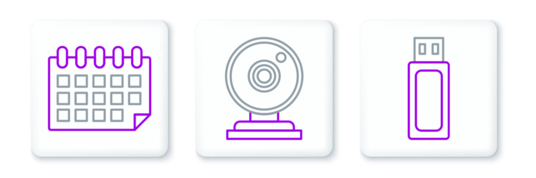 Set line USB flash drive, Calendar and Web camera icon. Vector
