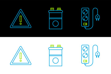 Poster - Set line Electric extension cord, Exclamation mark in triangle and Car battery icon. Vector