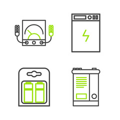 Poster - Set line Car battery, Battery in pack, Power bank and Ampere meter, multimeter, voltmeter icon. Vector