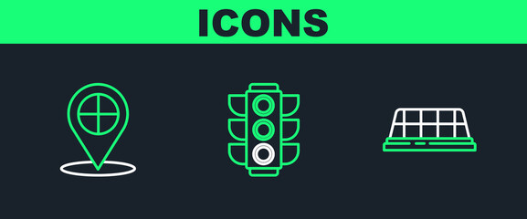 Poster - Set line Taxi car roof, Map pointer with taxi and Traffic light icon. Vector