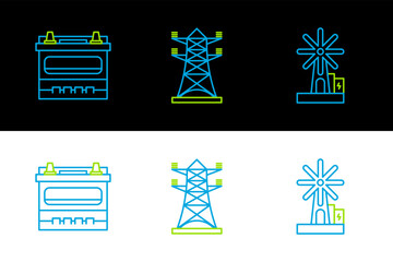 Poster - Set line Wind turbine, Car battery and High voltage power pole line icon. Vector