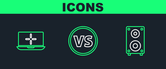 Poster - Set line Stereo speaker, Laptop and VS Versus battle icon. Vector