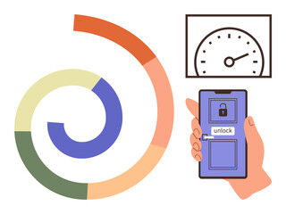 Poster - Smartphone unlocking secured system, performance gauge and circular progress chart highlight digital security, data processing. Ideal for technology, progress, performance, security, innovation