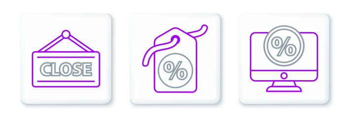 Aufkleber - Set line Percent discount and monitor, Hanging sign with Closed and Discount percent tag icon. Vector