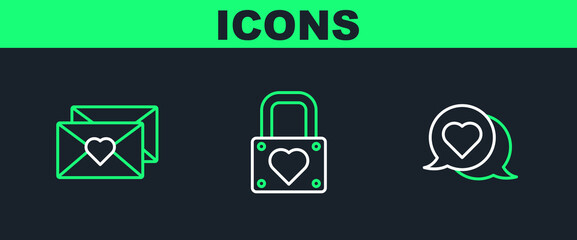 Poster - Set line Heart in speech bubble, Envelope with Valentine heart and Lock and icon. Vector