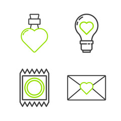 Aufkleber - Set line Envelope with Valentine heart, Condom package, Heart shape light bulb and Bottle love potion icon. Vector