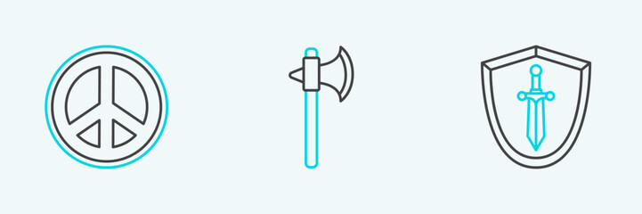 Poster - Set line Medieval shield with sword, Peace and axe icon. Vector