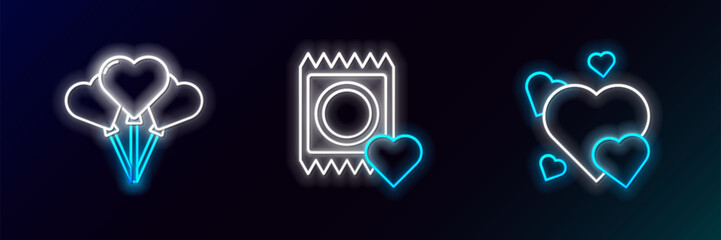 Poster - Set line Heart, Balloons in form of heart and Condom package icon. Glowing neon. Vector