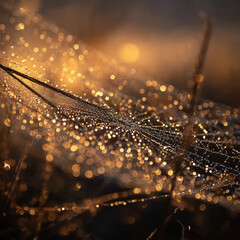 Macro shot of a spider web covered in tiny frozen dew drops, backlit by morning sun, sharp detail, shallow depth of field