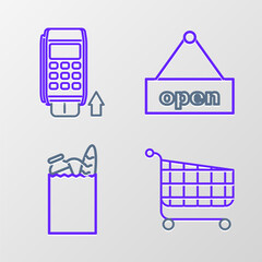 Poster - Set line Shopping cart, Paper shopping bag and food, Hanging sign with text Open door and Pos terminal inserted credit card icon. Vector