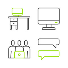 Poster - Set line Speech bubble chat, Online class, Computer monitor screen and and desk icon. Vector
