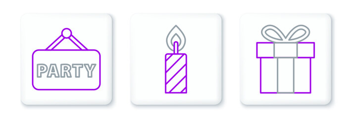 Poster - Set line Gift box, Signboard party and Birthday cake candles icon. Vector