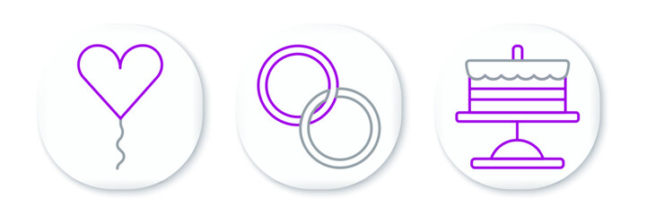 Poster - Set line Cake on plate, Balloon in form of heart and Wedding rings icon. Vector