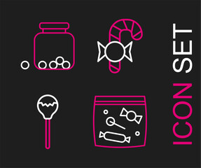 Poster - Set line Candy packaging for sweets, Lollipop, Christmas candy cane and Glass jar with candies inside icon. Vector