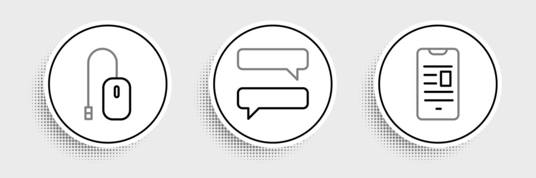 Set line Online book on mobile, Computer mouse and Speech bubble chat icon. Vector