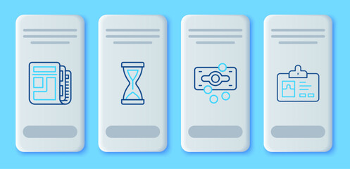 Poster - Set line Old hourglass, Stacks paper money cash, Stock market news and Identification badge icon. Vector
