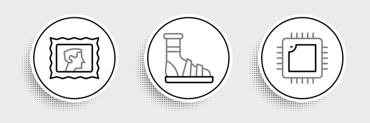 Fototapete - Set line Processor with CPU, Postal stamp and Slippers socks icon. Vector