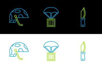 Poster - Set line Military knife, helmet and Airdrop box icon. Vector