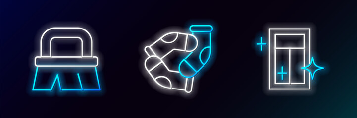 Poster - Set line Cleaning service for window, Brush cleaning and Socks icon. Glowing neon. Vector