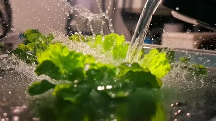 Fresh lettuce being watered in a hydroponic system, with blurred background showing equipment