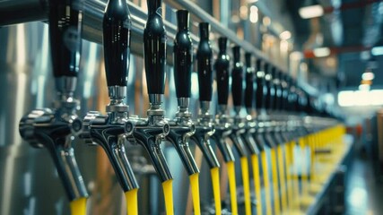 Poster - Row of beer taps on a metal wall in a bar or brewery setting, perfect for use as background image