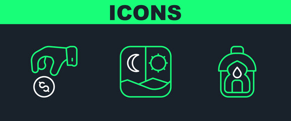 Poster - Set line Ramadan Kareem lantern, Donate or pay your zakat and fasting icon. Vector