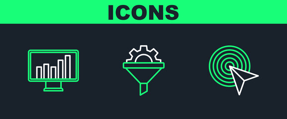 Fototapete - Set line Advertising, Monitor with graph chart and Sales funnel gear icon. Vector