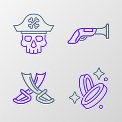 Poster - Set line Pirate coin, Crossed pirate swords, Vintage pistol and captain icon. Vector